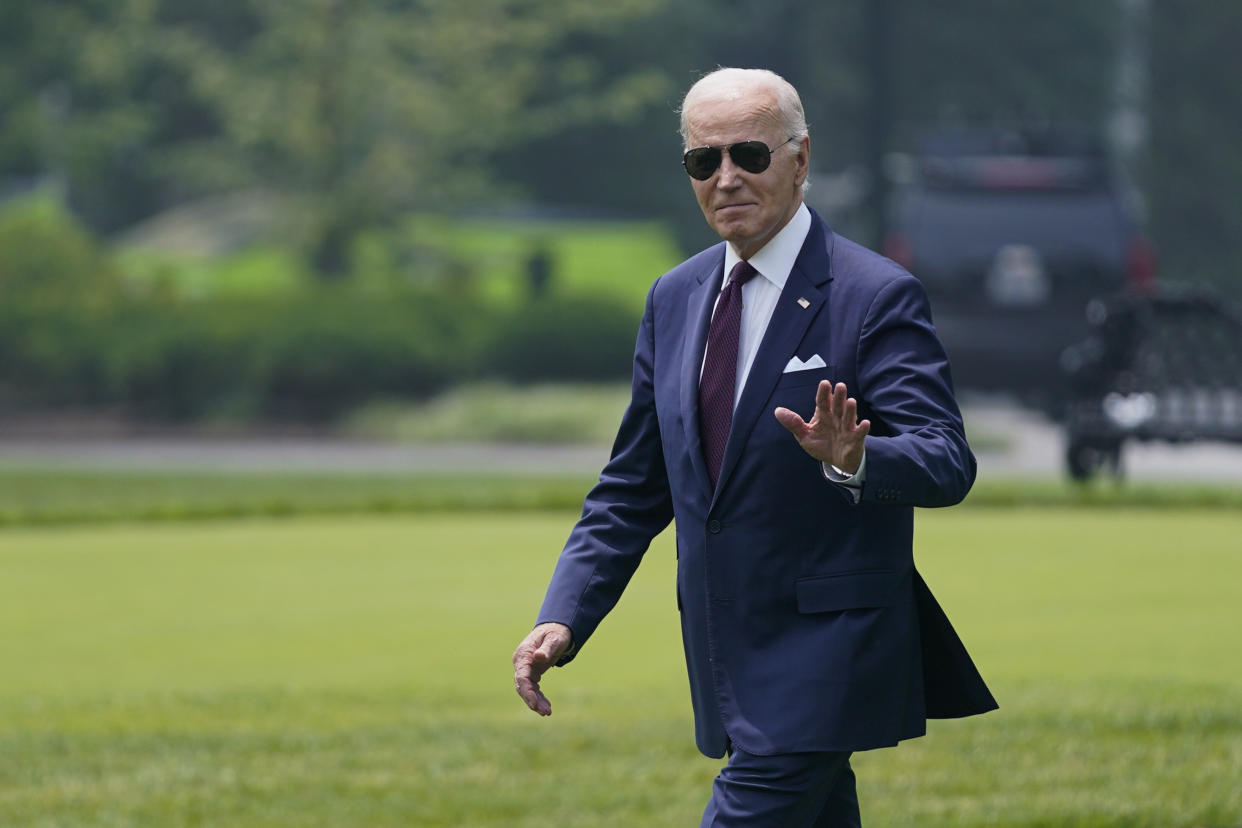 President Joe Biden waves as he walks to board Marine One on the South Lawn of the White House, Thursday, June 29, 2023, in Washington. (AP Photo/Evan Vucci)