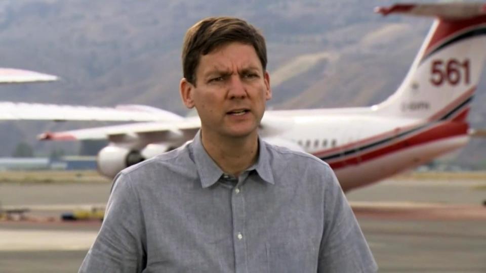 B.C. Premier David Eby speaks from Kamloops on Monday Sept. 11, 2023 about the wildfire response in the province.