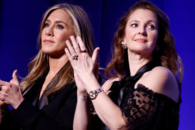 <p>Paul Morigi/Getty </p> Jennifer Aniston and Drew Barrymore