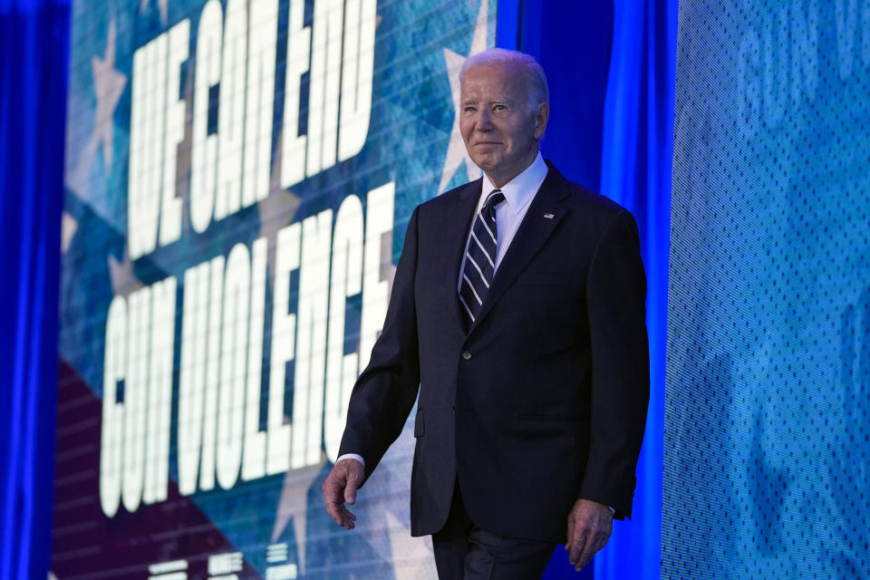 President Joe Biden arrives to speak to Everytown for Gun Safety Action Fund's "Gun Sense University," at the Washington Hilton, Tuesday, June 11, 2024, in Washington. (AP Photo/Evan Vucci)