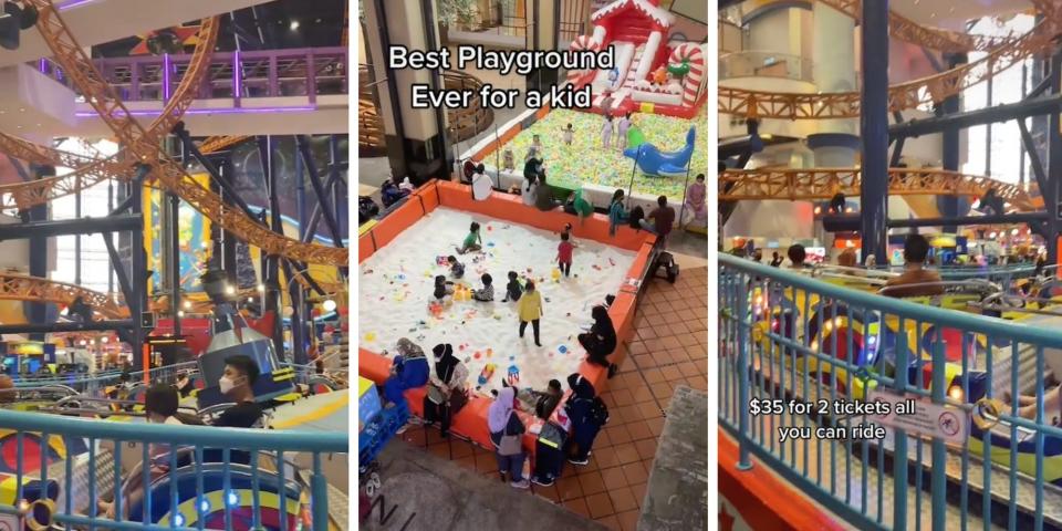 Screenshots of an indoor rollercoaster and sandpit