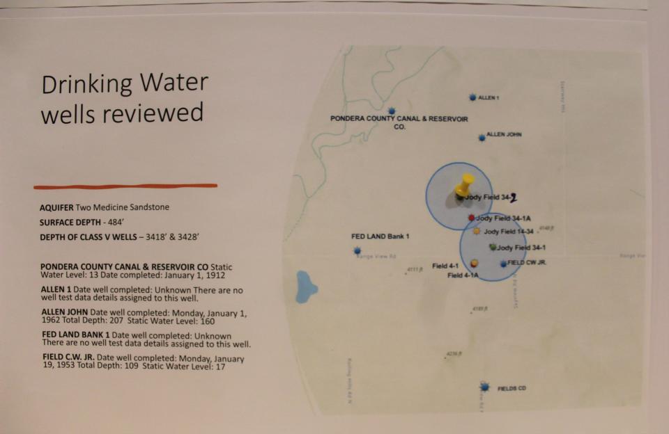 A map showing the location of two played out oil and gas wells in Pondera County. The Environmental Protection Agency is considering an application to inject up to 13.5 million barrels of biodiesel wastewater into the two wells.