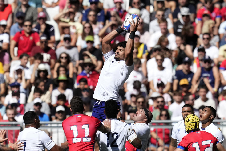 Samoa's Theodore McFarland catches a line out ball during the Rugby World Cup Pool D match between Samoa and Chile at the Stade de Bordeaux in Bordeaux, France, Saturday, Sept. 16, 2023. (AP Photo/Themba Hadebe)