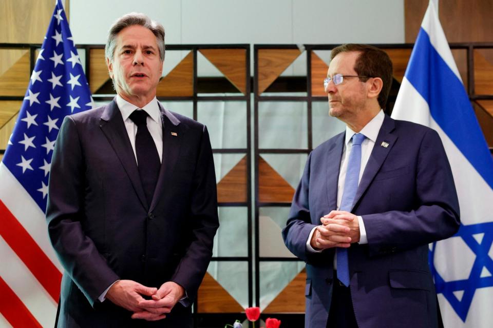 PHOTO: U.S. Secretary of State Antony Blinken, left, speaks during statements with Israeli President Isaac Herzog in Tel Aviv, Israel, on Jan. 9, 2024. (Evelyn Hockstein/Pool/AFP via Getty Images)