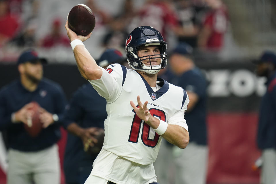 Houston Texans quarterback Davis Mills (10) warms up prior to an NFL football game against the Arizona Cardinals, Sunday, Oct. 24, 2021, in Glendale, Ariz. (AP Photo/Ross D. Franklin)