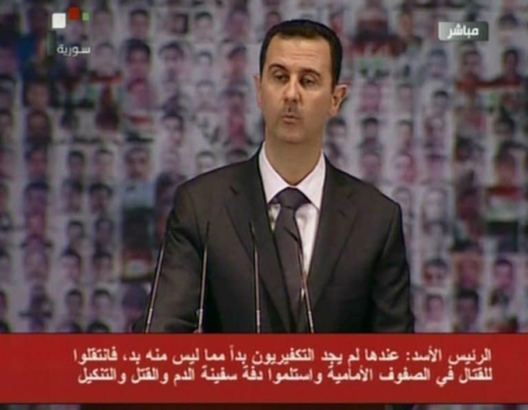 Image grab from state-run Syrian TV shows Syria's embattled President Bashar al-Assad making a public address on the latest developments in the country and the region on January 6, 2013. Assad in the rare speech on Sunday, calling for a national dialogue to end the 21-month conflict, but stressed he would not talk to those who have taken up arms against his regime