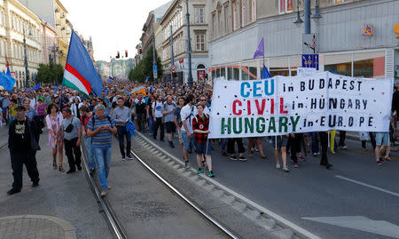 Protesters attend a rally against Hungarian government's clampdown on a top foreign university and non-government organisations in Budapest, Hungary, May 21, 2017. REUTERS/Laszlo Balogh