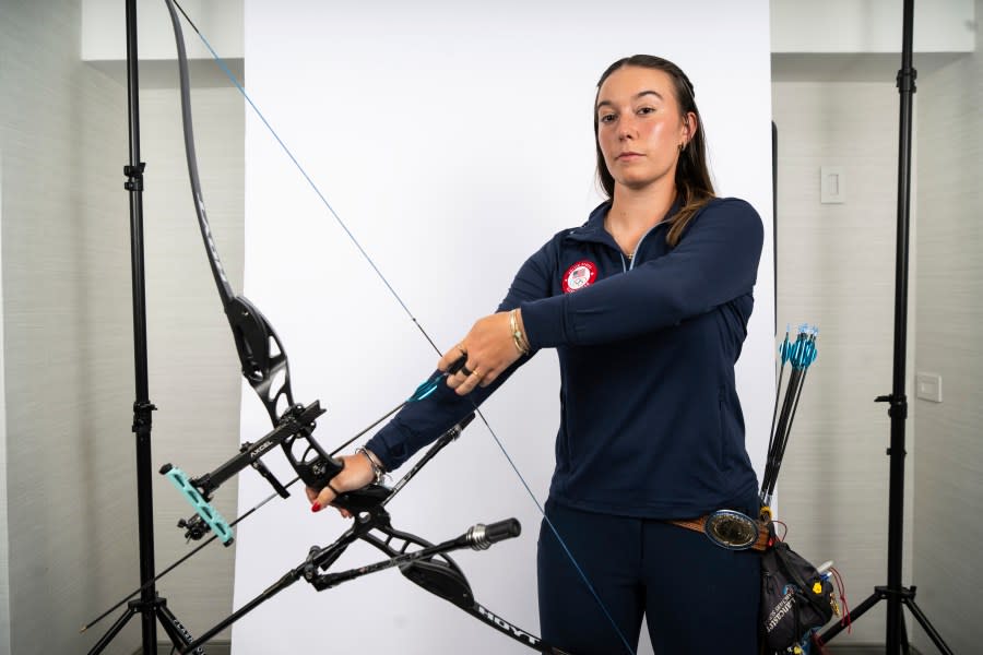 American archer Casey Kaufhold, 20, poses for a portrait on Wednesday April 17, 2024 in New York. (AP Photo/Brittainy Newman)