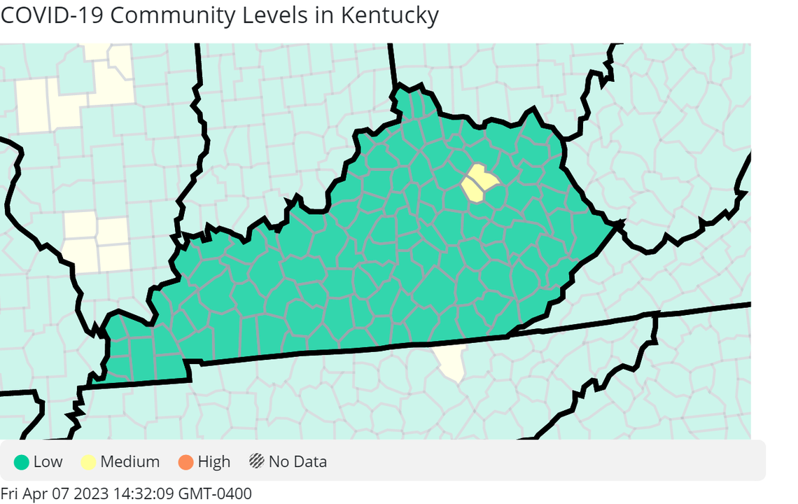 A screen capture shows the latest COVID-19 community levels as reported by the U.S. Centers for Disease Control and Prevention as of April 6, 2023.