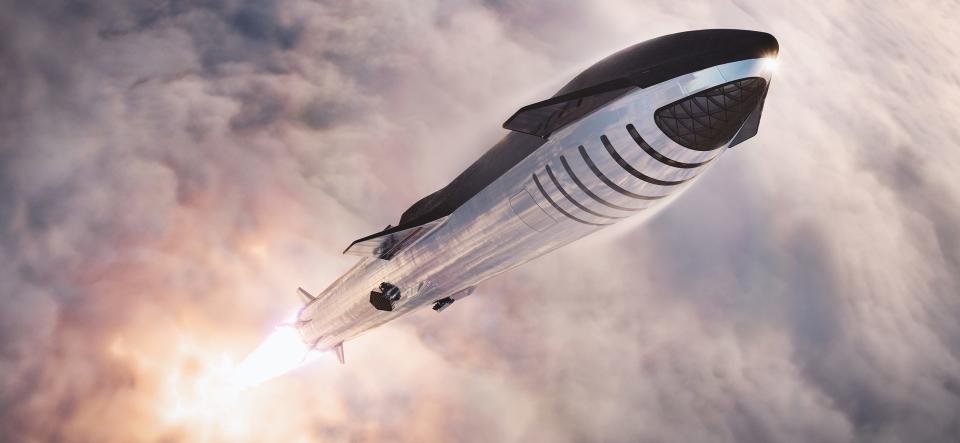 illustration starship spaceship rocket ship super heavy booster launching clouds looking down earth spacex