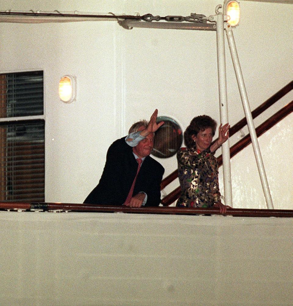 Chris Patten, the last British governor of Hong Kong, waves to wellwishers as he leaves on the Royal Yacht Britannia (John Stillwell/PA) (PA Archive)