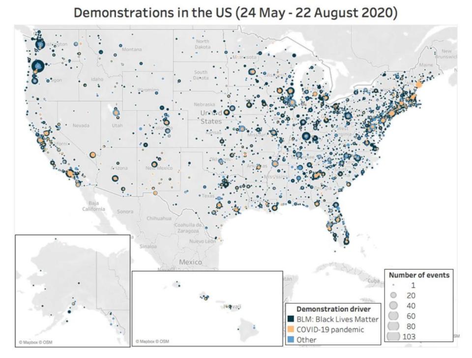 Another long, hot summer in America: The Armed Conflict Location &amp; Event Data Project identified nearly 11,000 demonstrations in the U.S. between May 24 and Aug. 22, 2020. (Photo: ACLED)