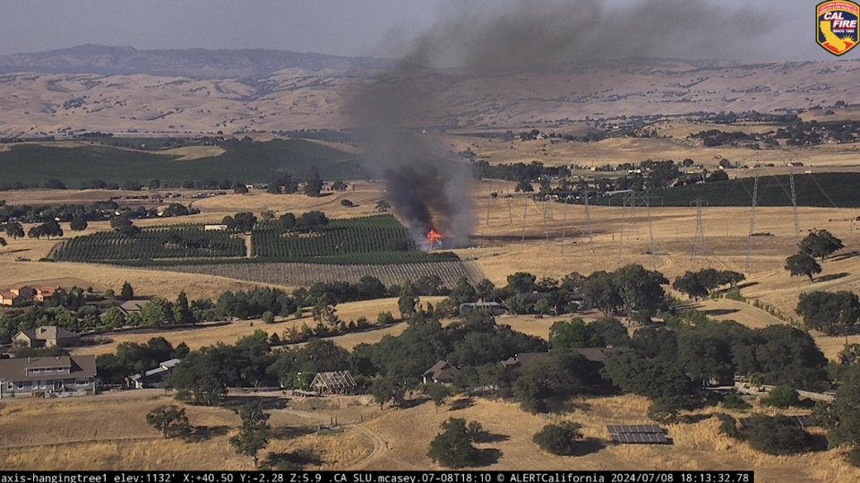 A fire burns vegetation off Creston Road in Paso Robles on Monday, July 8, 2024.