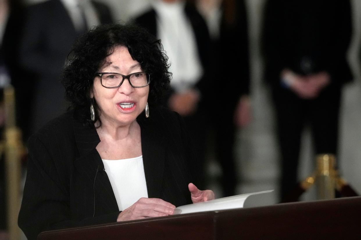Supreme Court Justice Sonia Sotomayor speaks during a service for retired Supreme Court Justice Sandra Day O’Connor in the Great Hall at the Supreme Court in Washington, Monday, Dec. 18, 2023.