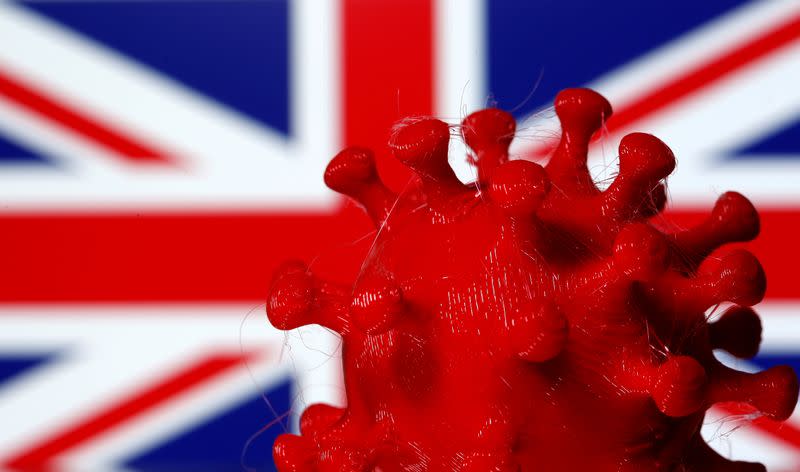 FILE PHOTO: A 3D-printed coronavirus model is seen in front of a British flag on display in this illustration