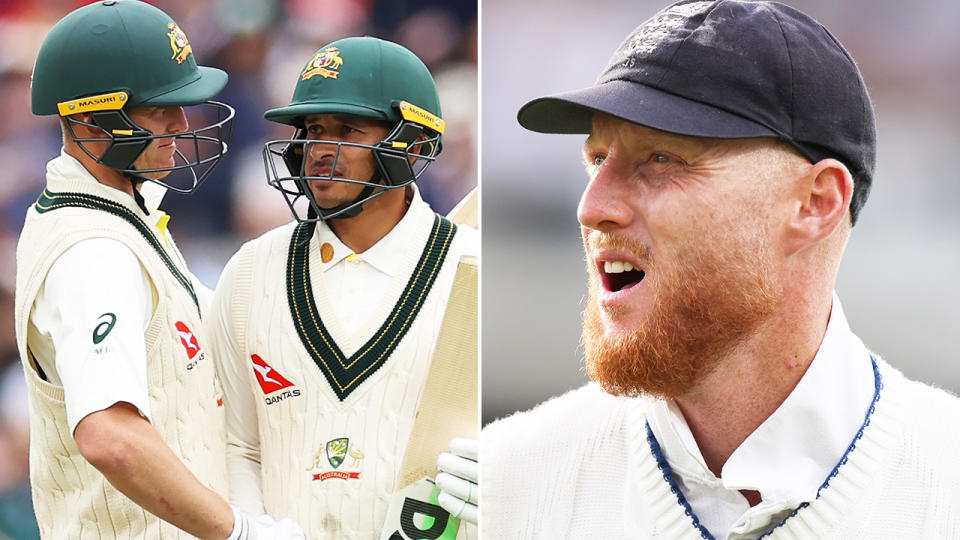 Marnus Labuschagne and Usman Khawaja are pictured left, and England captain Ben Stokes on the right.