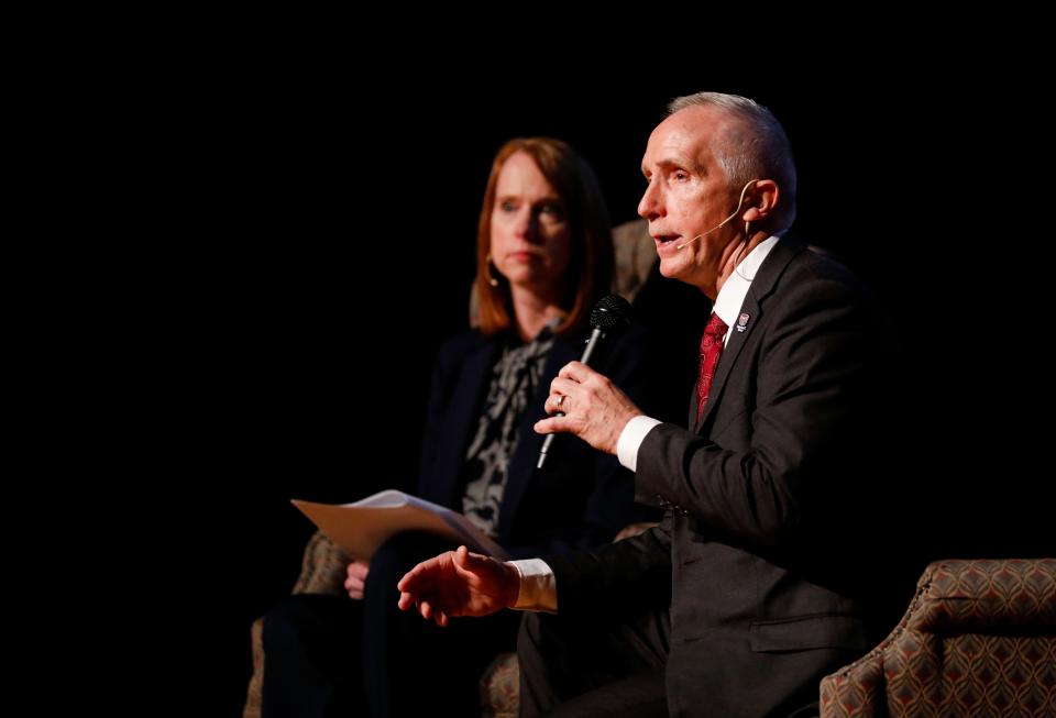 John Jasinski, a finalist for the Missouri State University president job, answers questions at a forum in the Plaster Student Union auditorium on Tuesday, Feb. 27, 2024.