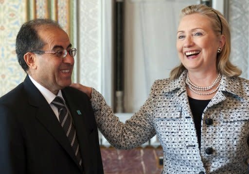 US Secretary of State Hillary Clinton (R) meets with Mahmud Jibril, Chairman of the Libyan Interim National Transitional Council, in Istanbul. Western and regional powers have boosted Libyan rebels battling Moamer Kadhafi by designating them as the country's legitimate rulers, a move that gives them access to vital funds