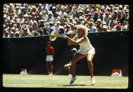 British tennis player Sue Barker swings her racket in a match during the Australian Open. (Photo by © Hulton-Deutsch Collection/CORBIS/Corbis via Getty Images)