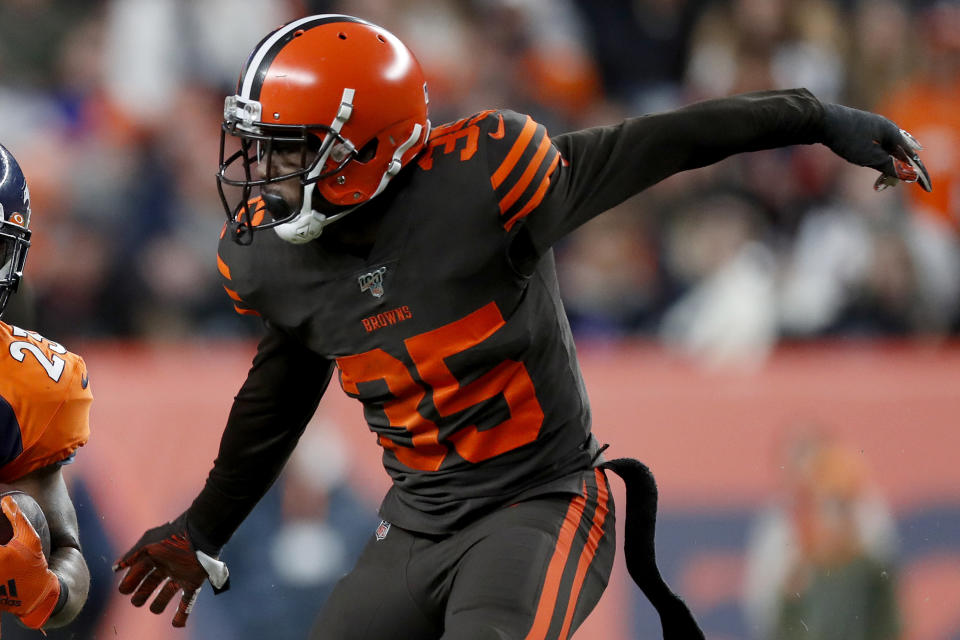 Cleveland Browns defensive back Jermaine Whitehead (35) runs a play against the Denver Broncos during the second half of NFL football game, Sunday, Nov. 3, 2019, in Denver. Whitehead has been released following his disturbing social media rant after a loss in Denver. The Browns announced the move Monday, Nov. 4, 2019, hours after rebuking Whitehead for "totally unacceptable and highly inappropriate behavior" following a 24-19 loss to the Broncos on Sunday. (AP Photo/David Zalubowski)