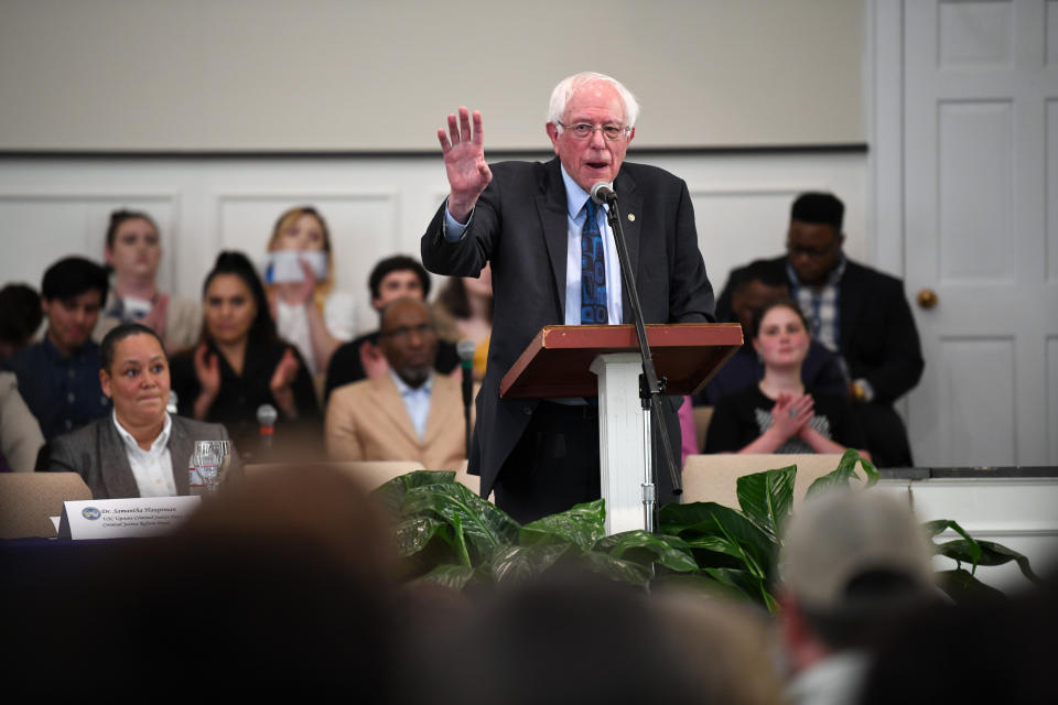 Sen. Bernie Sanders speaks during a town hall with black lawmakers, Thursday, April 18, 2019, in Spartanburg, S.C. Ahead of the event, Sanders announced 2020 campaign endorsements from seven black South Carolina lawmakers, a show of force in state where black voters comprise more most of the Democratic primary electorate. (AP Photo/Meg Kinnard)