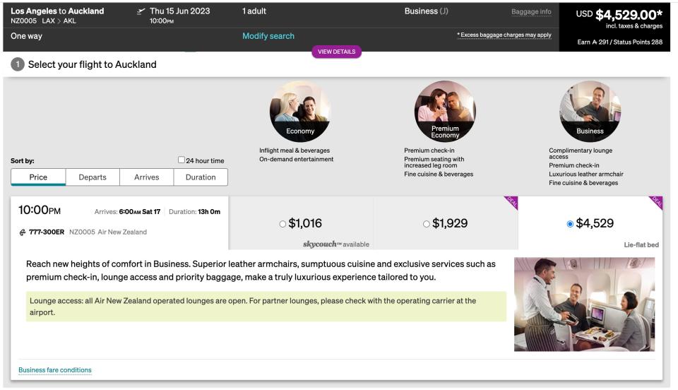 A screenshot of a one-way, business-class ticket on Air New Zealand.