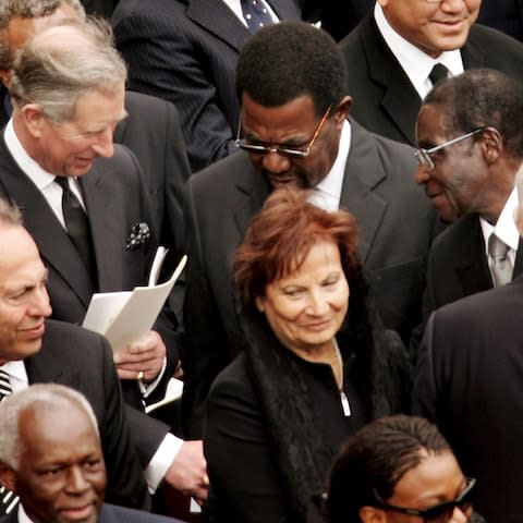  Prince Charles shakes hands with Zimbabwe's President Robert Mugabe during Pope John Paul II's funeral in St. Peter's Square on April 8, 2005 - Credit:  Peter Macdiarmid