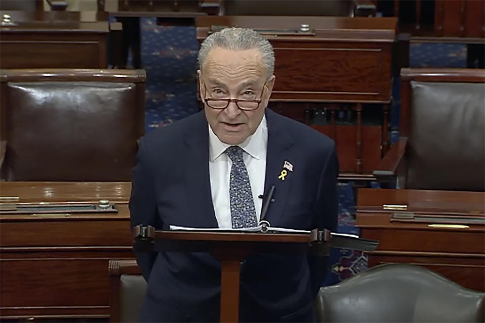 In this image from video provided by Senate TV, Senate Majority Leader Chuck Schumer, D-N.Y., speaks on the Senate floor at the Capitol in Washington, March 14, 2024. Schumer is calling on Israel to hold new elections. Schumer says he believes Israeli Prime Minister Benjamin Netanyahu has "lost his way" amid the Israeli bombardment of Gaza and a growing humanitarian crisis there. Schumer is the first Jewish majority leader in the Senate and the highest-ranking Jewish official in the U.S. (Senate TV via AP)