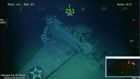 An airplane is seen as part of the wreckage on the sunken USS Lexington, a World War Two U.S. Navy aircraft carrier, in this still frame taken from March 4, 2018 underwater video footage courtesy of Paul G. Allen. Mandatory Credit PAUL G. ALLEN/HANDOUT/via REUTERS TV