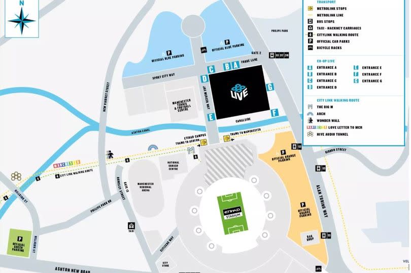 Map of Co-op Live Arena showing area of Manchester, car parking, routes and tram station