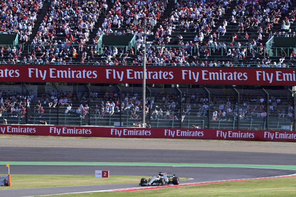 <p>Mercedes driver Lewis Hamilton of Britain steers his car during the Japanese Formula One Grand Prix at Suzuka, Japan, Sunday, Oct. 8, 2017. (AP Photo/Eugene Hoshiko)</p>