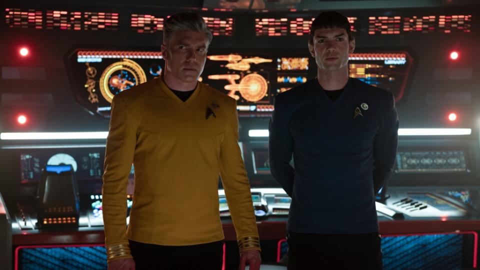 Anson Mount as Pike and Ethan Peck as Spock of the Paramount+ original series STAR TREK: STRANGE NEW WORLDS. Photo Cr: Marni Grossman/Paramount+ ©2022 CBS Studios. All Rights Reserved.