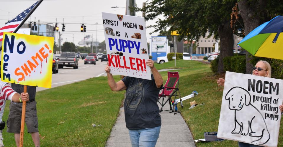 South Dakota Governor Kristi Noem, considered to be contender for Donald Trump’s running mate, was the guest speaker at the Radisson at the Port Saturday evening for a Republican event. Across the street, a small group of protesters gathered in the rain and lightning. The group was protesting having her as a speaker after she claimed in her book that she killed her dog Cricket. She said the dog was dangerous.