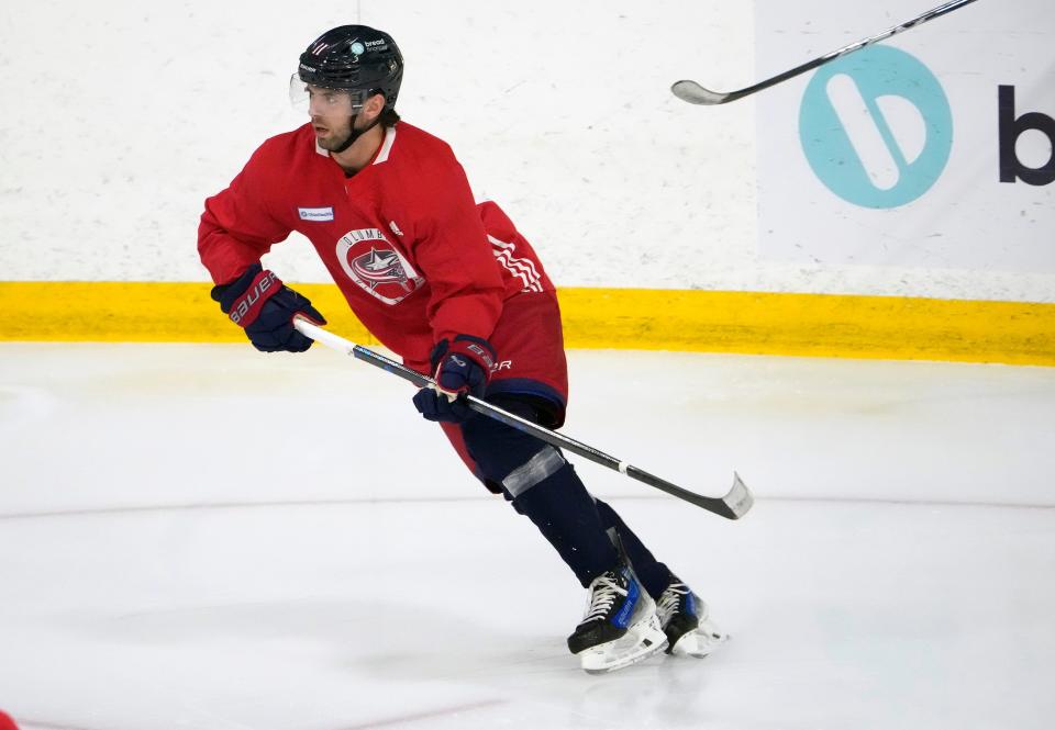 Sep 13, 2023; Columbus, OH, USA; Columbus Blue Jackets prospect Adam Fantilli during practice at the Ice Haus.