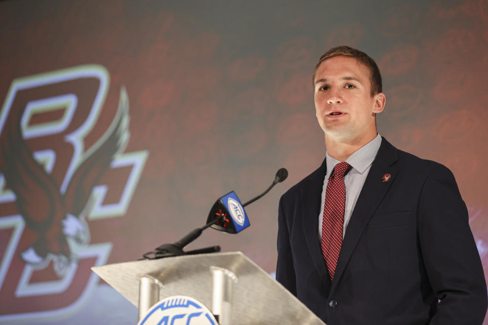 Boston College quarterback Phil Jurkovec answers a question during an NCAA college football news conference at the Atlantic Coast Conference media days in Charlotte, N.C., Thursday, July 22, 2021. (AP Photo/Nell Redmond)