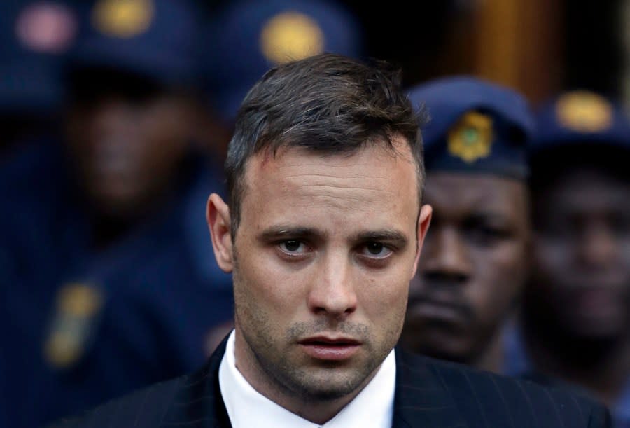 FILE – Oscar Pistorius leaves the High Court in Pretoria, South Africa, Wednesday, June 15, 2016, after his sentencing proceedings. Pistorius could be granted parole on Friday, Nov. 24, 2023 after nearly 10 years in prison for killing his girlfriend. The double-amputee Olympic runner was convicted of a charge comparable to third-degree murder for shooting Reeva Steenkamp in his home in 2013. He has been in prison since late 2014. (AP Photo/Themba Hadebe, File)