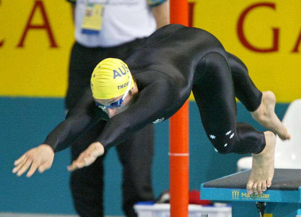 Australian Ian Thorpe in action during the 2002 Manchester Commonwealth Games men's 200m freestyle first round 31 July 2002. AFP PHOTO DAMIEN MEYER (Photo by Damien MEYER / AFP)        (Photo credit should read DAMIEN MEYER/AFP via Getty Images)