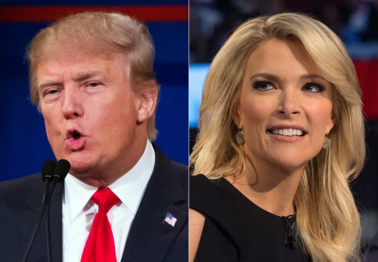 This combination made from Aug. 6, 2015 photos shows Republican presidential candidate Donald Trump, left, and Fox News host and moderator Megyn Kelly during the first Republican presidential debate in Cleveland. (AP Photo/John Minchillo)