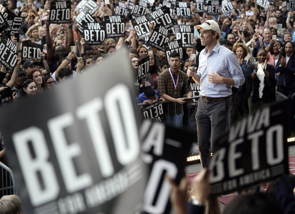 Democratic presidential candidate and former Texas congressman Beto O'Rourke speaks during his presidential campaign kickoff rally in Houston, Saturday, March 30, 2019. (AP Photo/David J. Phillip)