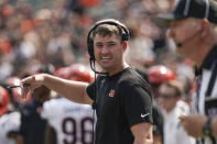 Cincinnati Bengals head coach Zac Taylor pleads to an official in the first half of an NFL football game against the Minnesota Vikings, Sunday, Sept. 12, 2021, in Cincinnati. (AP Photo/Jeff Dean)
