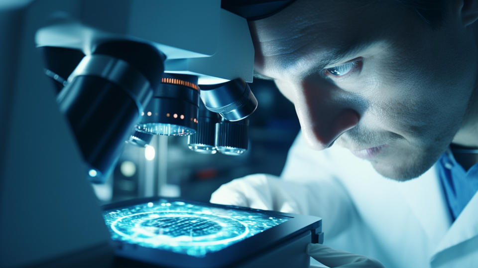 A scientist in a lab examining a slide of uveal melanoma under a microscope.