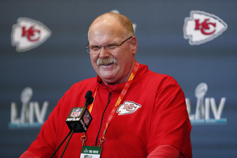 Kansas City Chiefs head coach Andy Reid seems to be enjoying Super Bowl week. (AP Photo/Brynn Anderson)