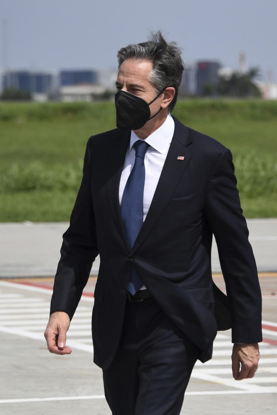 U.S. Secretary of State Antony Blinken arrives at the international airport in Jakarta on Monday, Dec. 13, 2021. Blinken arrives in Indonesia on his first stop of a three-nation tour across Southeast Asia. (Olivier Douliery/Pool Photo via AP)