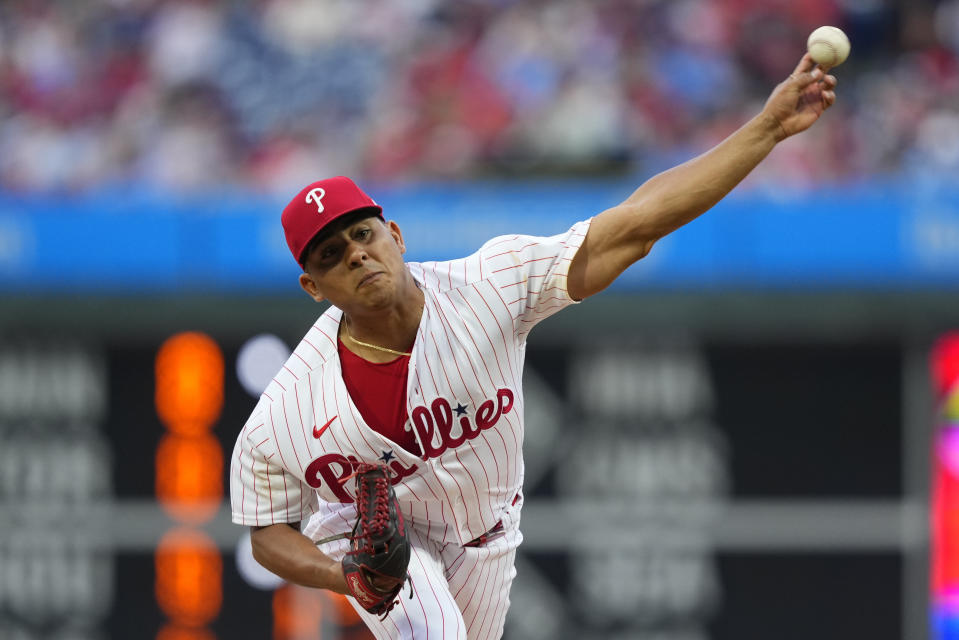 Philadelphia Phillies' Ranger Suarez pitches during the first inning of a baseball game against the Los Angeles Dodgers, Friday, June 9, 2023, in Philadelphia. (AP Photo/Matt Rourke)