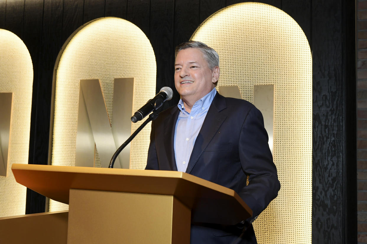 WEST HOLLYWOOD, CALIFORNIA - JANUARY 08: Netflix CEO Ted Sarandos speaks during the Netflix Golden Globe and Critics Choice Nominee Toast at Catch LA on January 08, 2023 in West Hollywood, California. (Photo by Charley Gallay/Getty Images for Netflix)