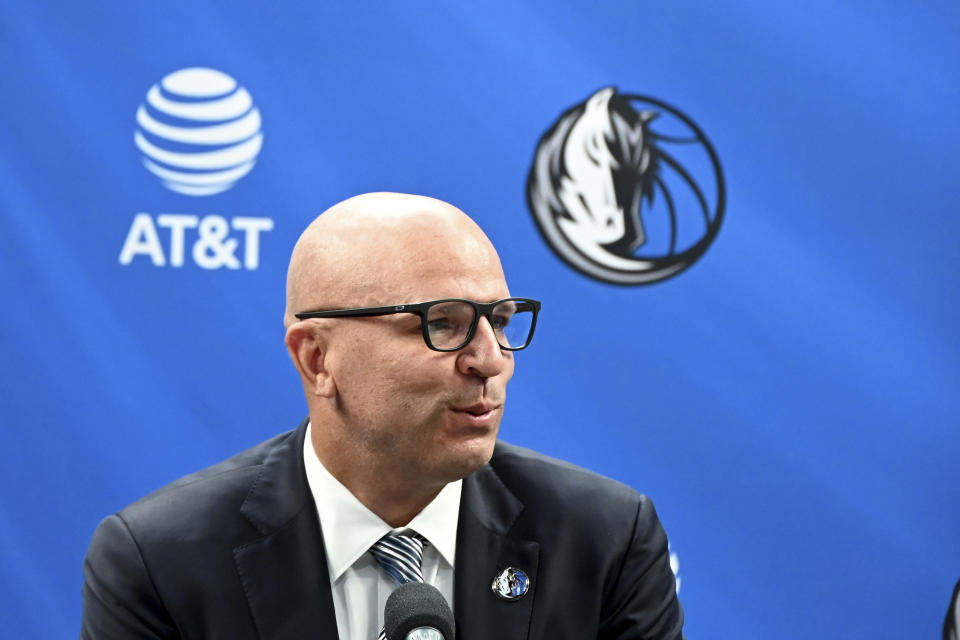 New Dallas Mavericks NBA basketball team head coach Jason Kidd speaks at a press conference to formally introduce him and new general manager Nico Harrison Thursday, July 15, 2021, in Dallas. (AP Photo/Matt Strasen)