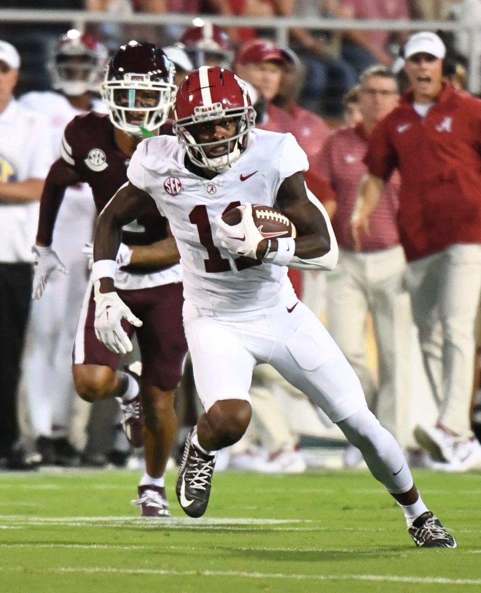 Sep 30, 2023; Starkville, Mississippi, USA; Alabama Crimson Tide wide receiver Malik Benson (11) makes a move after catching a pass against Mississippi State in Davis Wade Stadium at Mississippi State University. Mandatory Credit: Gary Cosby Jr.-Tuscaloosa News