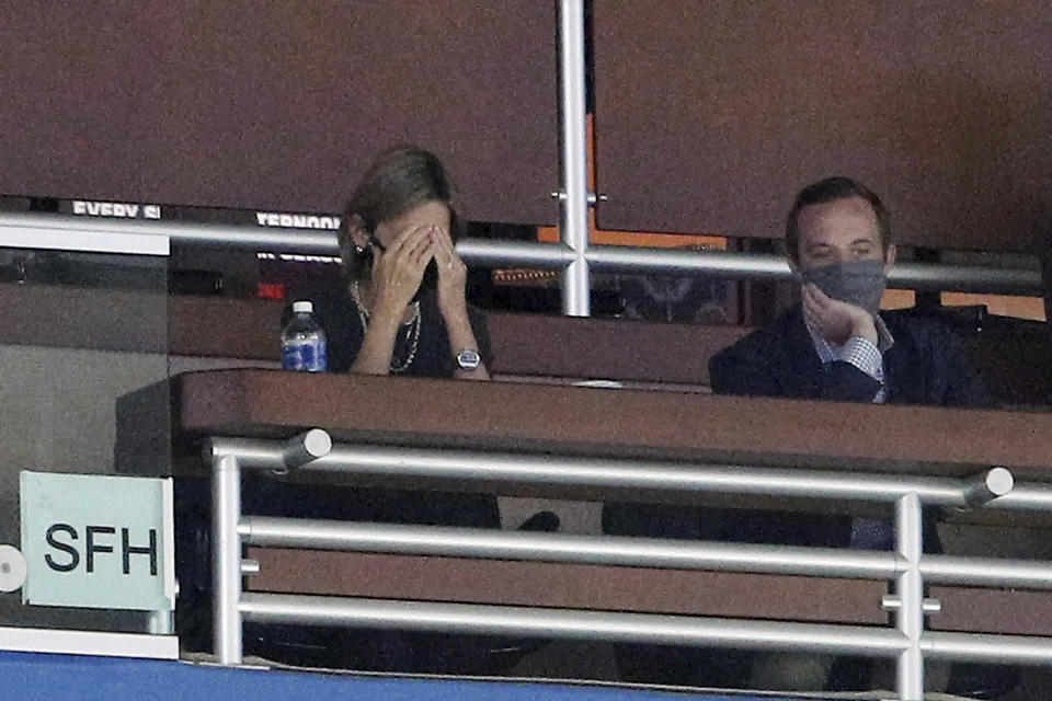 Detroit Lions owner Sheila Ford Hamp, left, reacts after an incomplete pass by the Lions in the fourth quarter of an NFL game against the Houston Texans at Ford Field in Detroit, Thursday, Nov. 26, 2020. (Mike Mulholland/The Grand Rapids Press via AP)