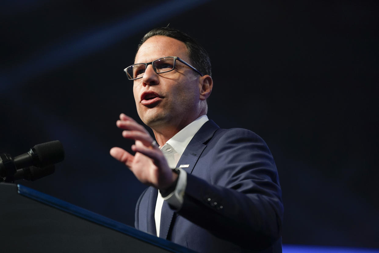 Pennsylvania Democratic gubernatorial candidate Josh Shapiro speaks at a campaign rally on Saturday in Philadelphia. 