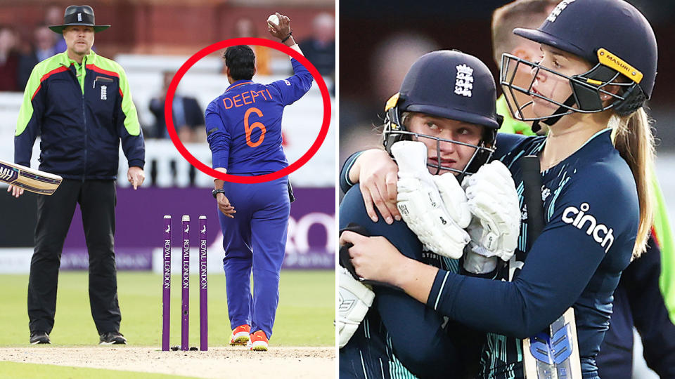 Deppti Sharma, pictured here after running out Charlie Dean with a Mankad for the final wicket in India's win over England.